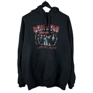 Mens Y2K Body Rags Bon Jovi Livin On A Prayer Band Pullover Hoodie Size 2XL